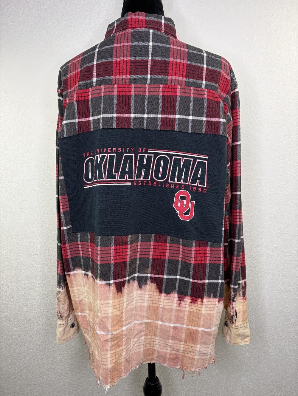 OU Oklahoma University Plaid Flannel Ombre Upcycled Button Up Top XL